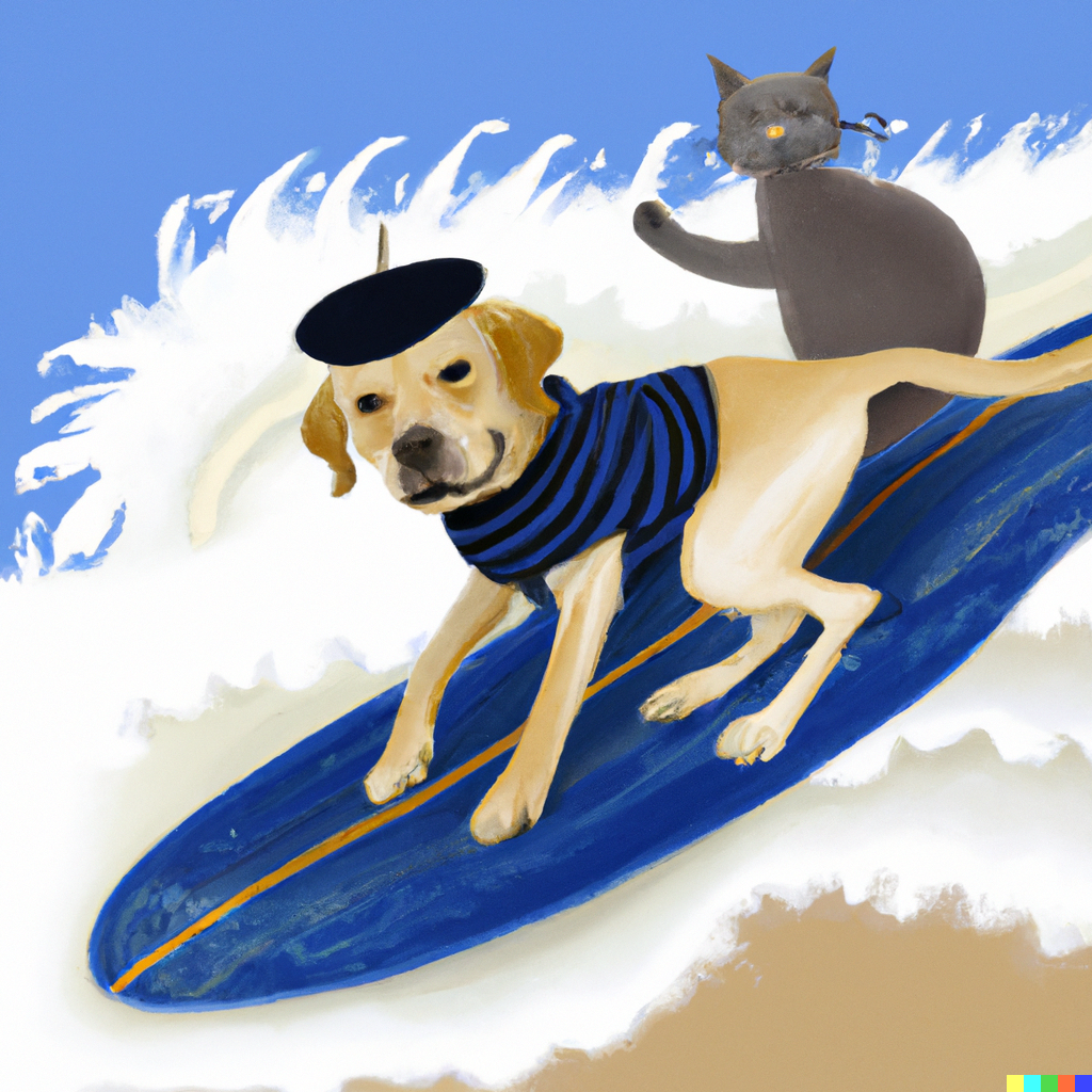 a surfing labrador retriever riding a wave, with a small cat