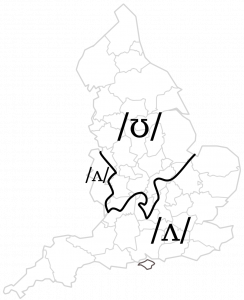 A map of England showing where STRUT is pronounced with /ʌ/ to the south and west, and where itʼs pronounced with /ʊ/, in the north.