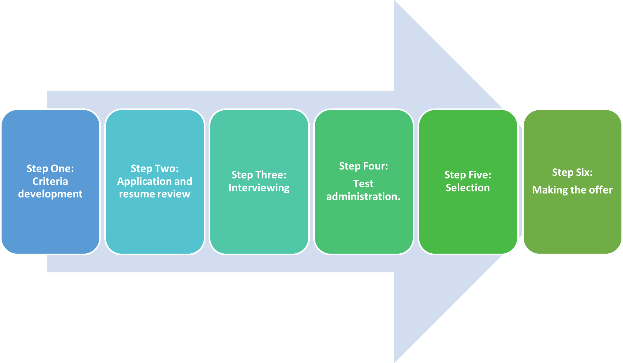 6 step selection process - Step 1 - Criteria development, Step 2 - Application and resume review, Step 3 - Interviewing, Step 4 - Test Administration, Step 5 - Selection, Step 6 Making the offer