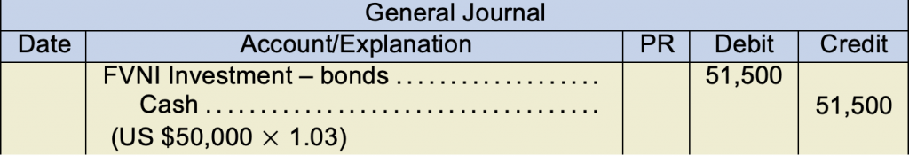 General journal example. FVNI investment -bonds 51,500 under debit. Cash 51,500 under credit (US$50,000x1.03)