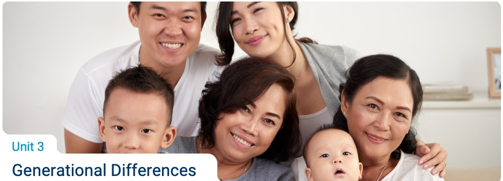 A picture of an Asian family with 3 generations. Two parents, two grandparents, two children.
