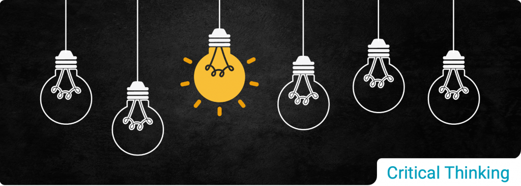 Cartoon figure of 6 lightbulbs hanging from threads. Third one is yellow.