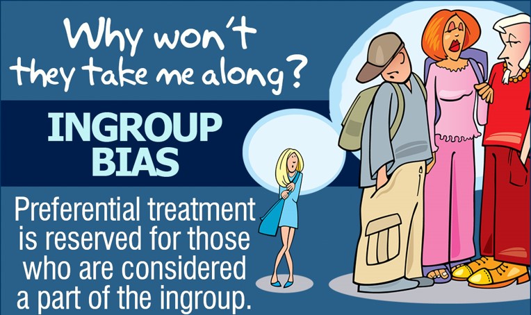 Why won't they take me along. Ingroup bias. Preferential treatment is reserved for those who are considered a part of the ingroup. Cartoon drawing of a woman looking shy approaching a group of three other teenagers who look at her with disdain