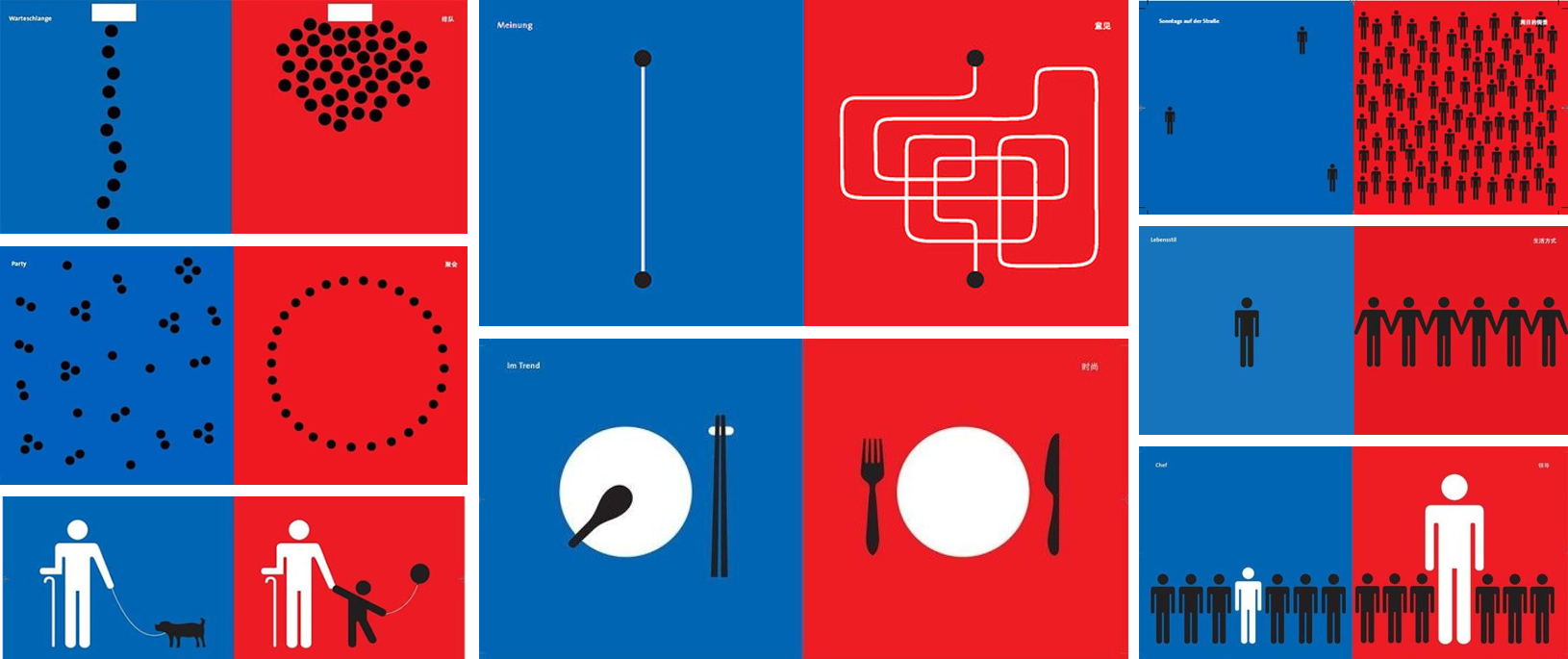 icons representing contrasting cultural dimensions, examples include dots lining up versus clustered together, dots in small pairs versus a tidy circle, a plate with chopsticks versus a plate with a fork, a single icon of a person versus many together