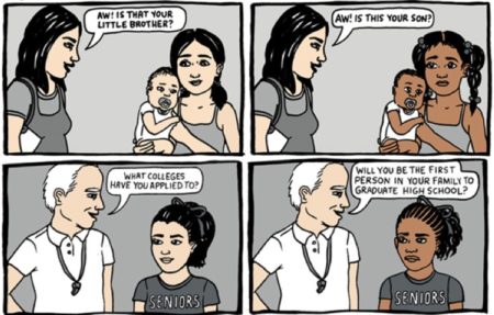 4 panel comic. First panel: white-skinned woman asking white skinned woman with baby, "Aw! Is that your little brother?". Next panel: Same white woman asking dark skin woman with dark skin baby, "Aw! is this your son?". Third panel: White man asking white woman, "What colleges have you applied to?". Fourth panel: Same white man asking dark skinned woman, "Will you be the first person in your family to graduate high school?"