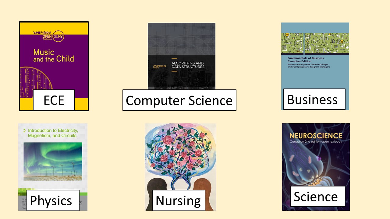 picture of the covers of six textbooks: ECE, Computer Science, Business, Physics, Nursing and Science