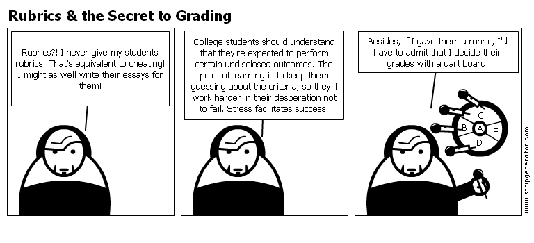 cartoon about rubrics - giving rubric is like writing essay for students, should have to guess, besides teachers grades using a dart board