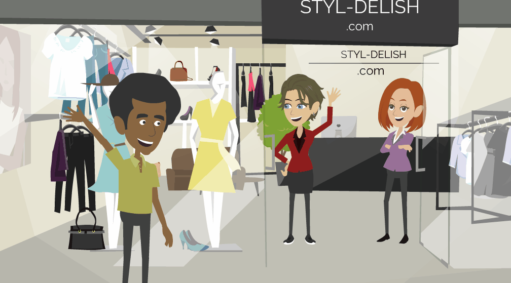 A man named Adway waves at a Stylist who works in a clothing retail store. Another woman stands observing the scene.