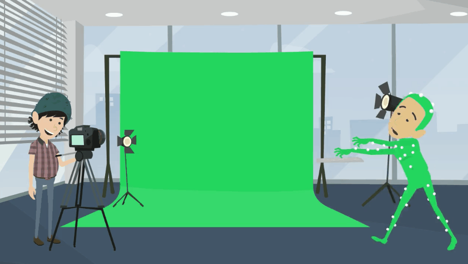 A green screen fills most of the page with a person in a green suit walks in front of the screen while another person uses a video camera pointed at the green screen.