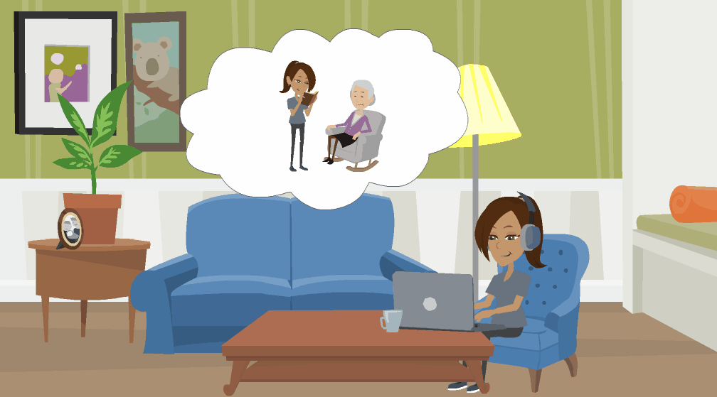 A woman named Gizelle sits on a chair in a living room working on her laptop computer with a memory bubble above her where she stands reading to an elderly woman.