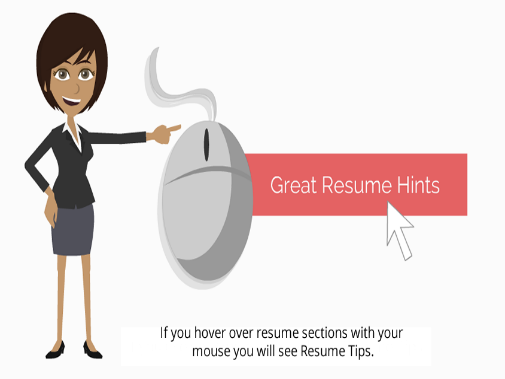 A person points at an image of a computer mouse. The text reads: Great resume Hints- If you hover over resume sections with your mouse you will see resume tips.