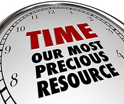 A clock face that reads, "Time, our most precious resource"