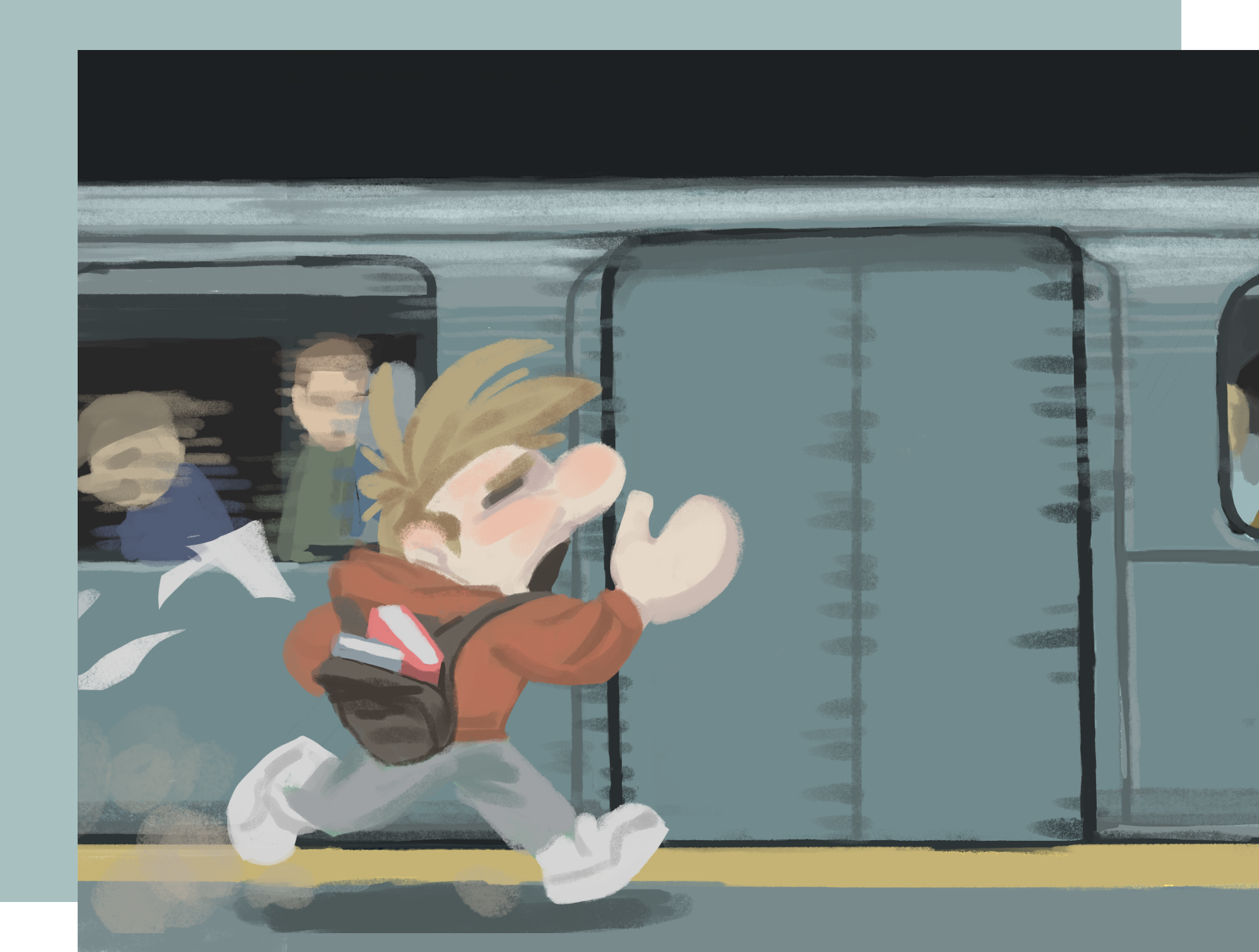 A guy running late to catch the train