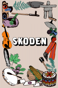 Book cover. Skoden is written, surrounded by Indigenous symbols