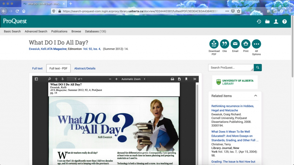 ProQuest database record in webbrowser showing top of the full-text PDF of the ATA magazine article "What Do I Do All Day?" by Kelli Ewasiuk from Summer 2012. The web browser in the image shows publication and title information of the article, the article's graphic of frazzled female teacher holding stacks of books and papers, and a list of related items in a vertical banner on the right side beside the PDF.