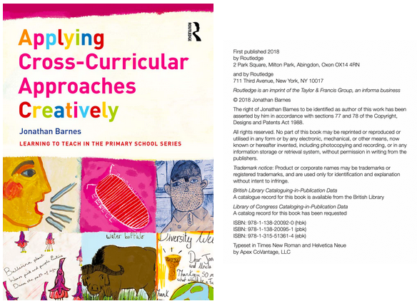screenshot of book cover and first page with copyright information. Book is Applying Cross-Curricular Approaches Creatively by Jonathan Barnes, published by Routledge in 2018, with DOI https://doi.org/10.4324/9781315513614