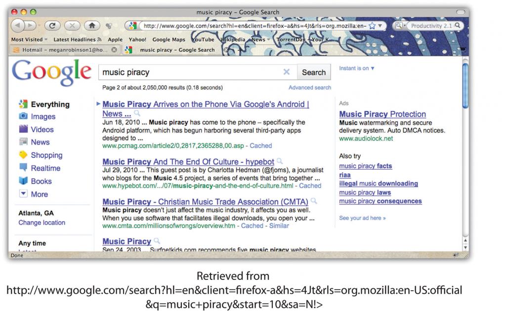 A screenshot of a google search for music piracy