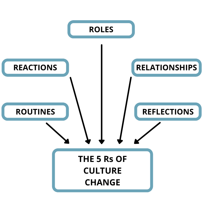 An infographic with a large box at the bottom with "The 5 Rs of Culture Change" and five bubbles with arrows leading towards the box. Each bubble is labelled: Roles, Relationships, Reactions, Reflections, Routines