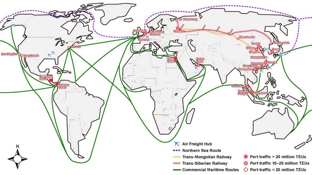 World map showing maritime, rail, and air routes