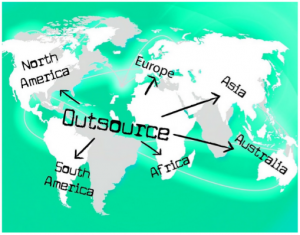 Outsource written over world map with arrows to all the continents.