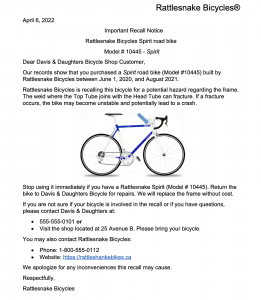 Example of Recall notice from Rattlesnack bicycles