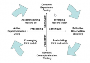 Kolb's Learning Styles chart cycle starting with Concrete Experience (Feeling) with arrow pointing to Reflective Observation (Watching) with arrow pointing to Abstract Conceptualization (Thinking) with arrow pointing to Active Experimentation (Doing) with arrow that brings back to Concrete Experience (Feeling)