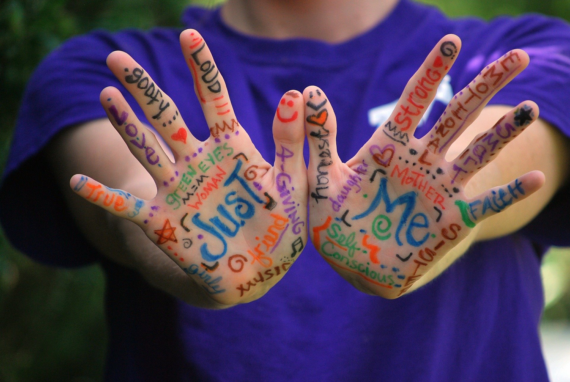 The palms of two hands with the words "Just Me" written across the palms with other colourful words surrounding