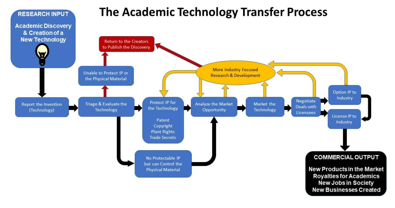A flow diagram outlining the academic technology transfer pathway, see long description for additional details.