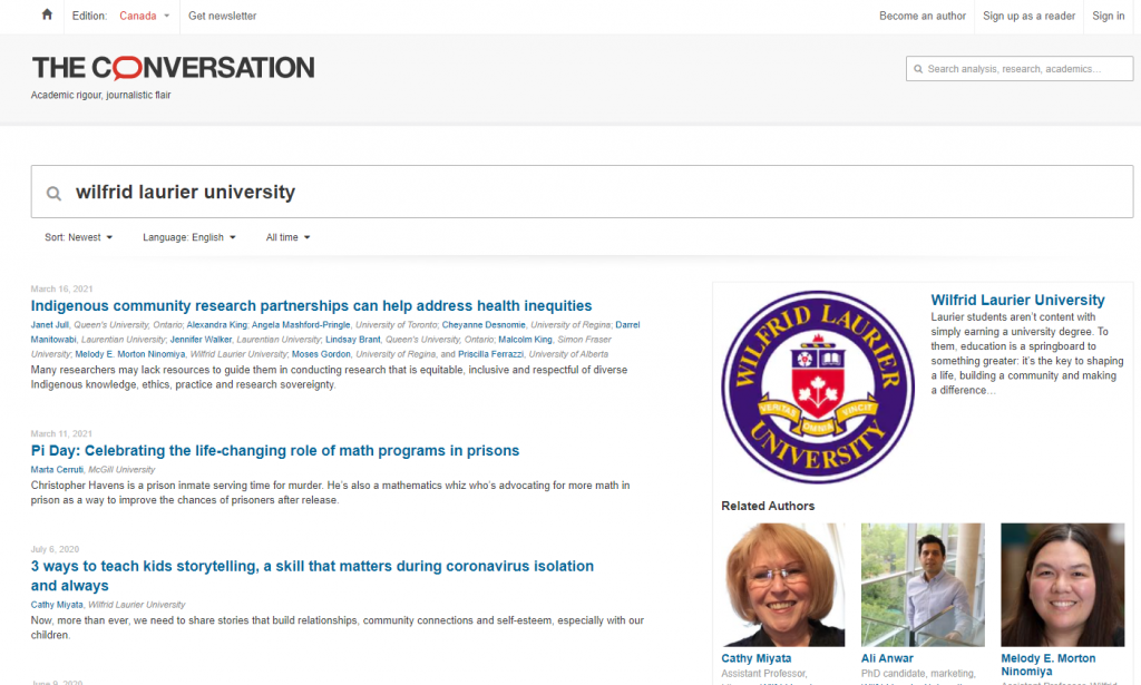 Searching wilfred laurier university on The Conversation