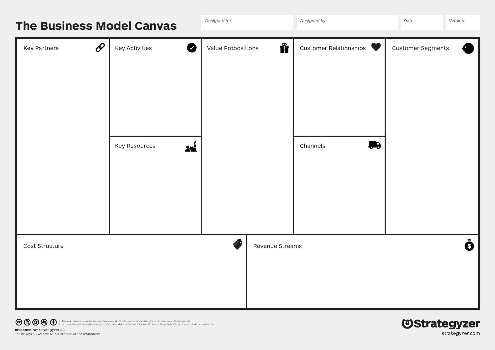 The Business Model Canvas tool helps you plan and map out different elements of a business model. This canvas contains the following elements: Key Partners, Key Activities, Key Resources, Value Propositions, Customer Relationships, Channels, Customer Segments, Cost Structure, and Revenue Streams. This image is linked to a video that fully explains how this particular canvas works. You can access the video to hear an audio description of the canvas at https://www.youtube.com/watch?time_continue=2&v=QoAOzMTLP5s