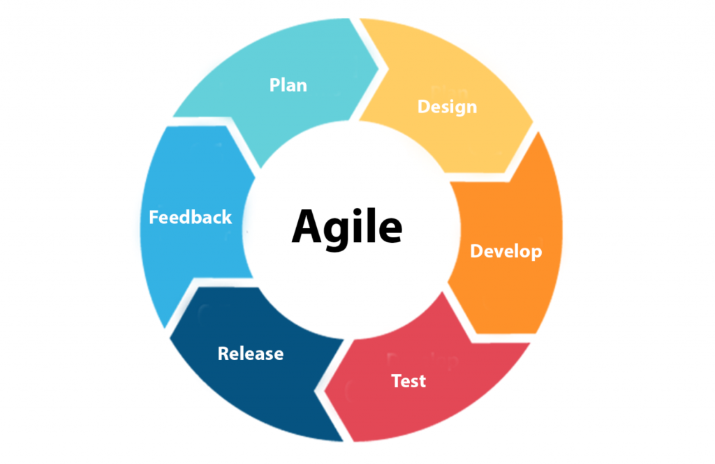 Agile cycle- image shows arrows in a circle. From left, clockwise: Feedback, Plan, Design, Develop, Test, Release and then back to Feedback.
