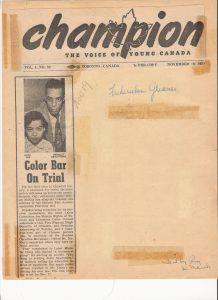 old newspaper clipping with image of Black couple and headline that says "Color Bar On Trial"