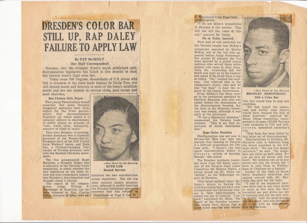 old newspaper clipping shows images of two Black people and headline "Dresden's Color Bar Still Up, Rap Daley Failure to Apply Law"