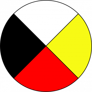 Une roue médicinale. Un cercle divisé en quatre quadrants colorés, avec le blanc au nord, le jaune à l'est, le rouge au sud et le noir à l'ouest.