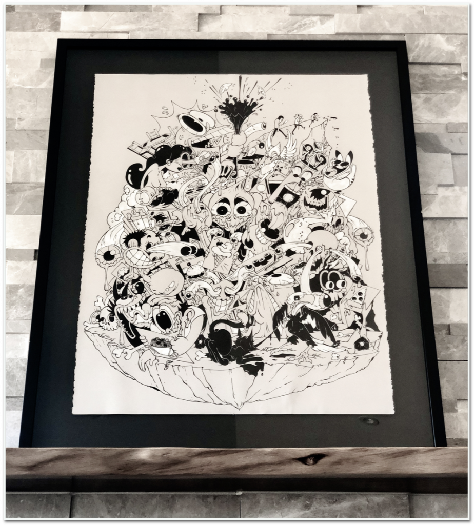framed illustration of the artist's black-and-white illustration, "A Feast for the Eyes"