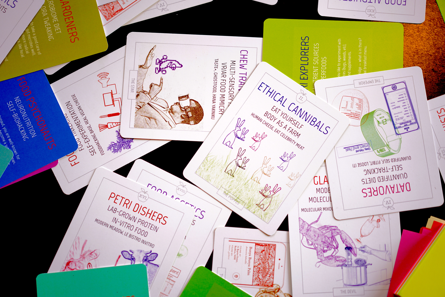 an assortment of cards from the Food Futures Tarot deck