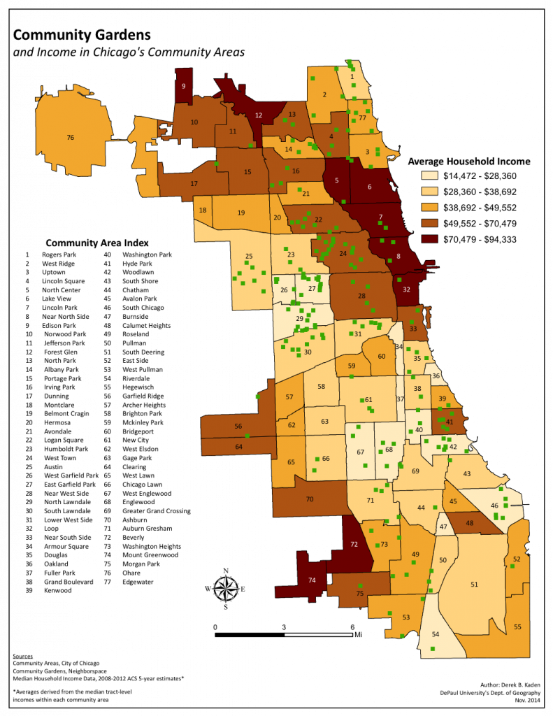 map of Chicago showing community gardens and income
