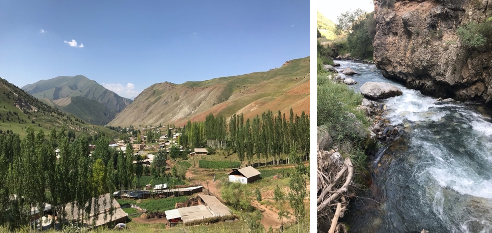 two images of rural Kyrgyzstan including a village nestled in a valley between mountains and a stream running through a ravine