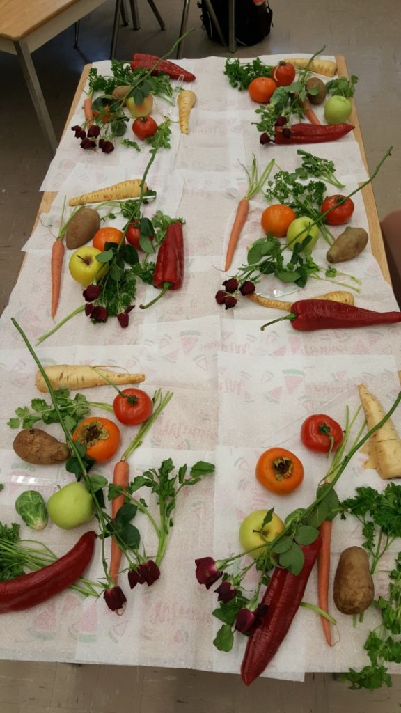 a long table covered in a paper tablecloth and with six groups of different fruits and vegetables