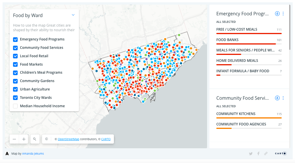 map of Toronto, Ontario showing food programs and access points throughout the city