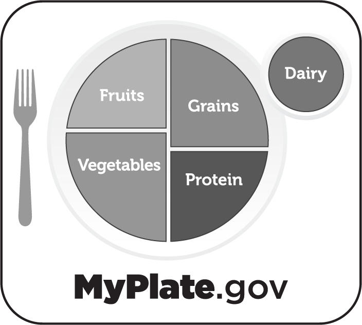 graphic showing USDA's food recommendations with an image of a plate divided into quadrants