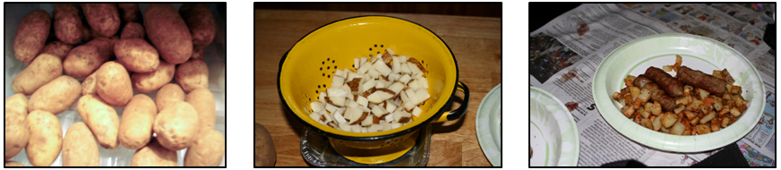 left: whole unpeeled potatoes; center: cut-up potatoes in a colander; right: cooked potatoes on a plastic plate