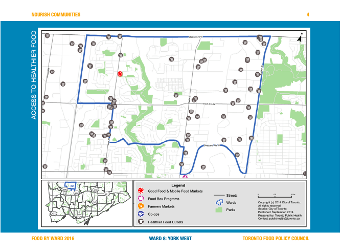 map of Toronto, Ontario's Ward 8 / York West and this food access points