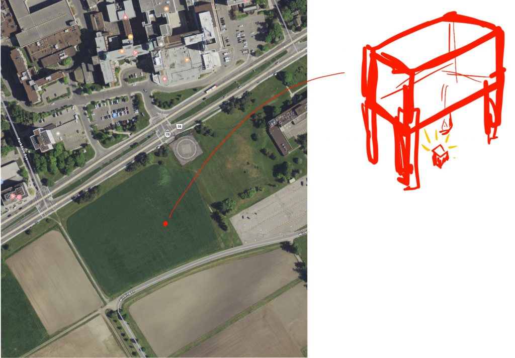 aerial view of a field between the Ottawa Civic Hospital and the Experimental Farm