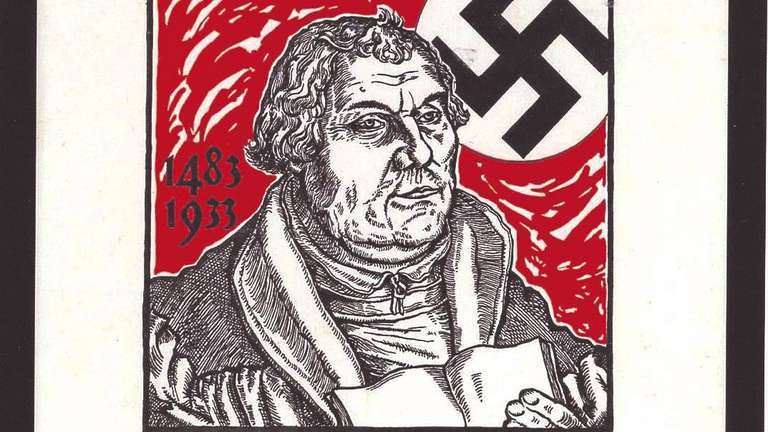 This poster shows a portrait of Luther in front of the swastika. Underneath the portrait one can read: “Hitler's struggle and Luther's teaching are the German people’s best defense.” State Museum of Monastery Culture, Lichtenau, Germany.