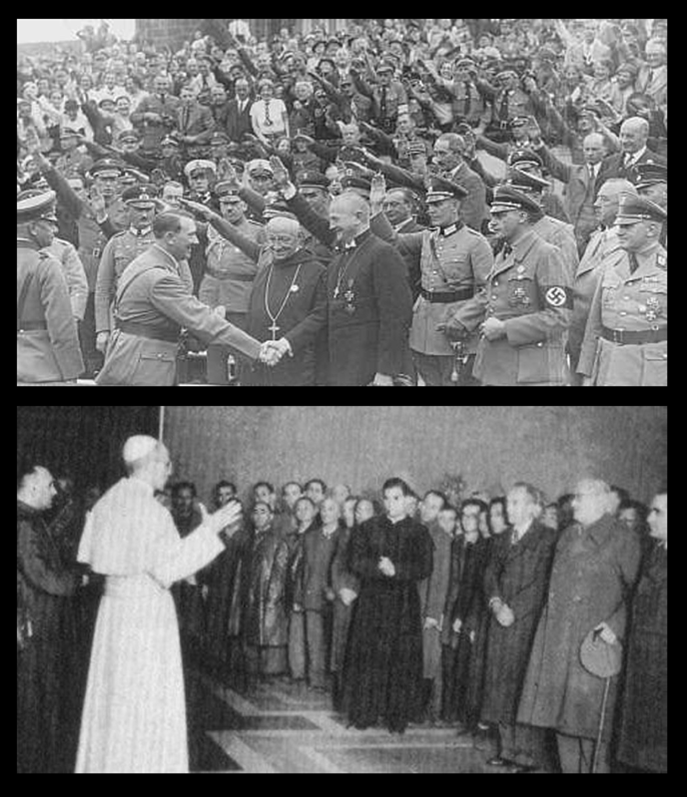 Photo du haut : Adolf Hitler salue l'évêque du Reich, Ludwig Mueller, lors d'un congrès du parti nazi. Septembre 1934, à Nuremberg, en Allemagne. Photo en bas : Le pape Pie XII rencontre un groupe de Juifs qui ont survécu aux camps de concentration nazis.
