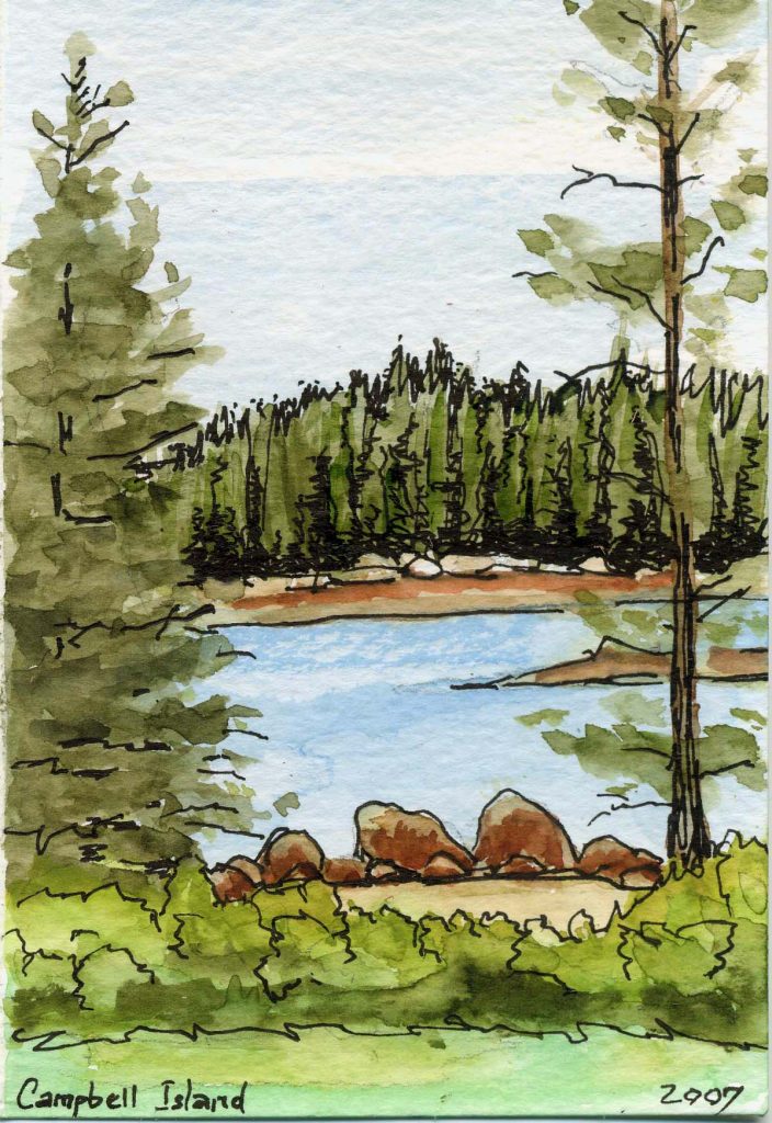 Pen and watercolor painting of Campbell Island by Josef.    