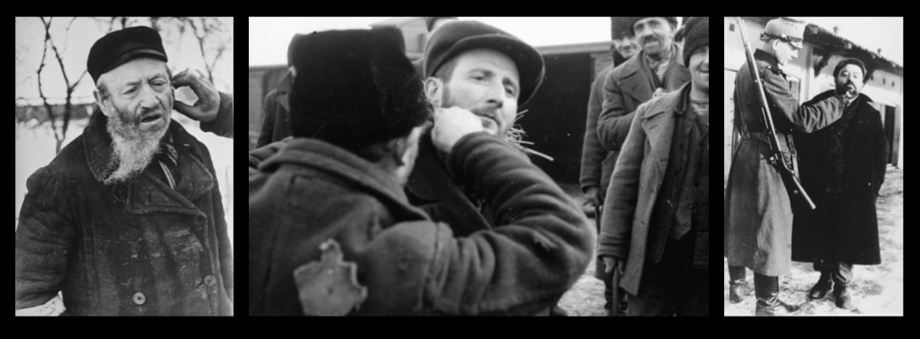 Left Photo: Older Polish Jew, wincing, wearing Jewish star armband, having beard forcibly shaved by unseen person 1939-41. Middle Photo: Polish Jew, looking down, having beard forcibly shaved by German police officer in Zawiercie Ghetto 1940-43. Right Photo: Young Polish man, face expressionless while his beard is forcibly shaved by another Jew, while Polish peasants look on smiling.