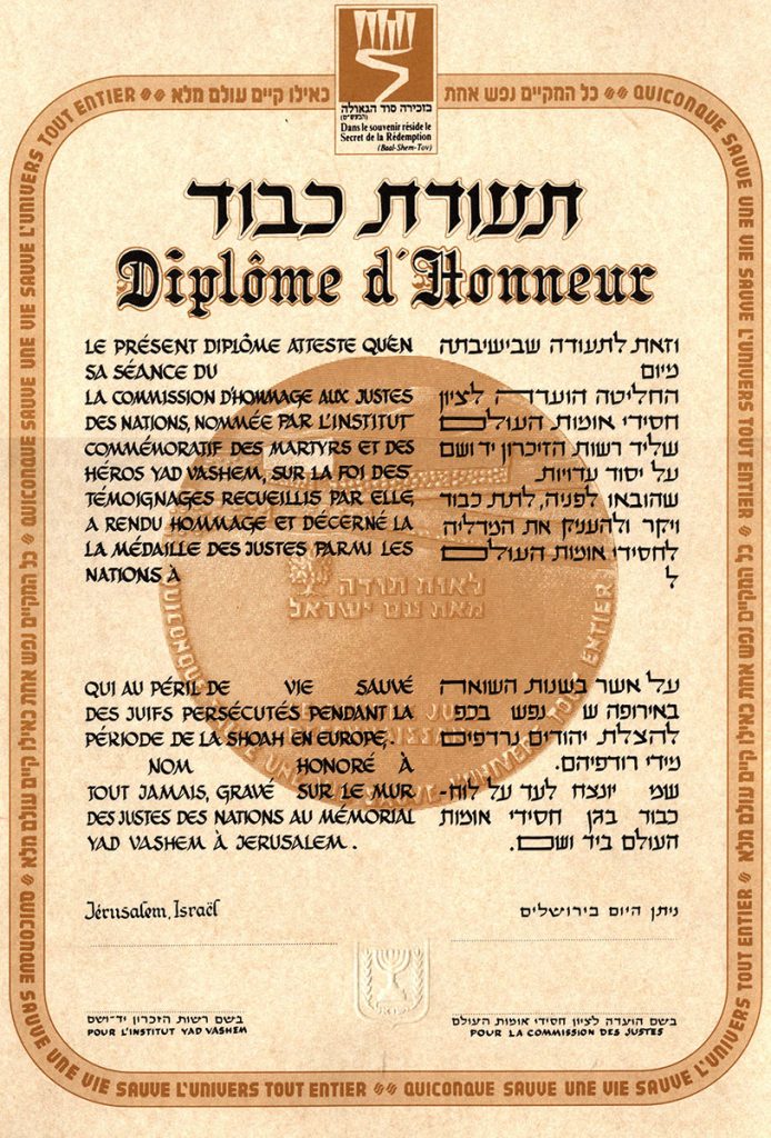 The Righteous Among the Nations Certificate.