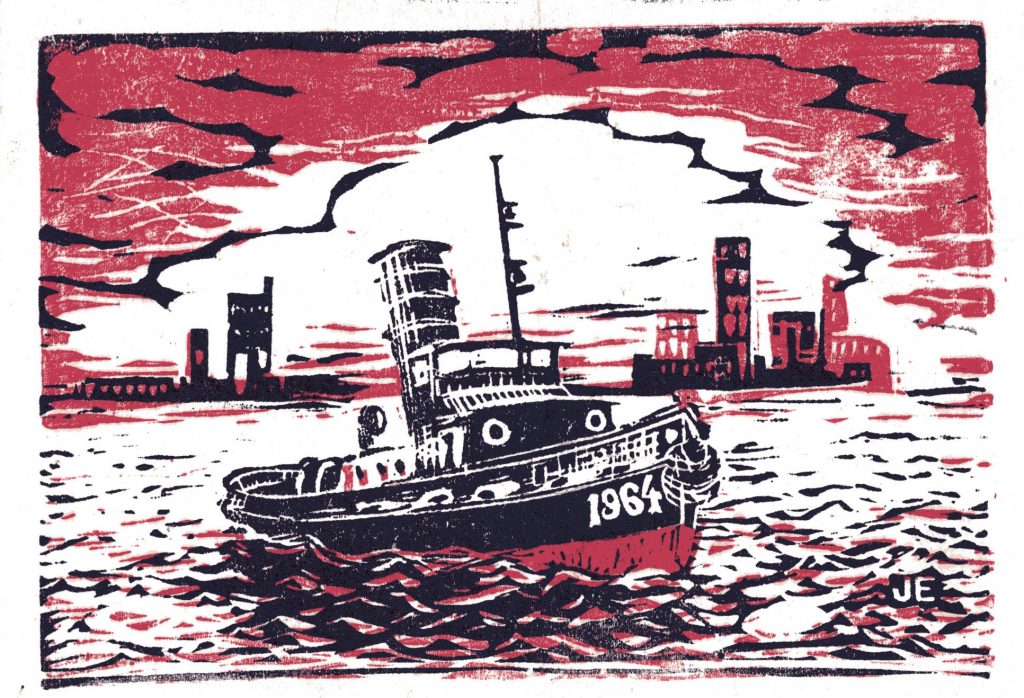 2-color linoleum block of a tugboat on the Hudson River by Josef. 